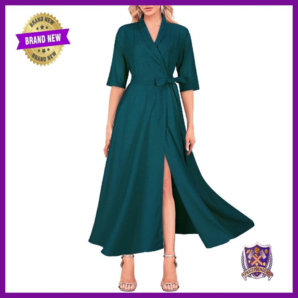 Linen Wrap Dress V-Neck Maxi with Lace Up Half Sleeves